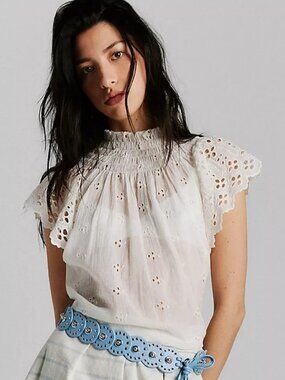Free People FP One Sigrid Blouse Top Clean Ivory Eyelet Lace Embroidered L